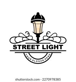 Street Light Logo, Lightning Lantern Vector, Template Icon Retro Classic Vintage Design