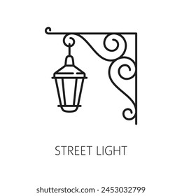 Icono de contorno de semáforo. Poste de lámpara de Vector aislado con una parte superior curvada y ornamentada y una linterna colgante, que evoca un ambiente urbano encantador. Lámpara lineal en blanco y negro en estilo vintage