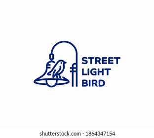 Street Light Pole Line Art Logo Design. Bird Sitting On Lamp Post Vector Design. Column Street Lighting Logotype