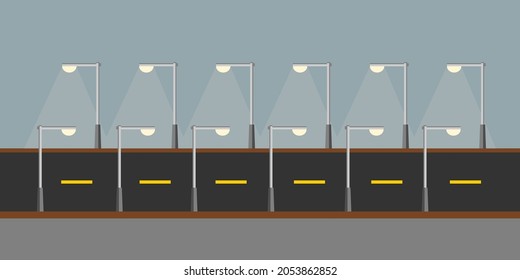 Street light poles (Street lamp) two sides lighting on road in night time flat icon vector design.