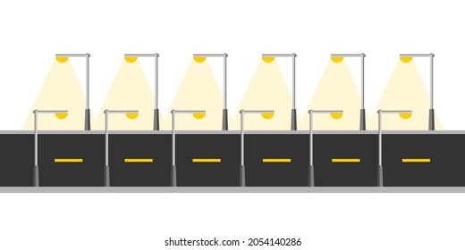 Street light poles (Street lamp) two sides lighting on road in night time on white background flat icon vector design.