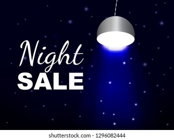Street light with ray of light. Night sale lettering. Vector illustration.