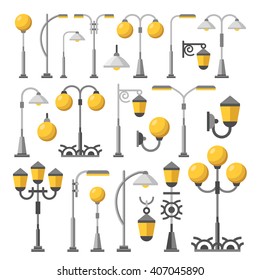 Street Light Set. Outdoor Post Lights, Lamps, Street Lanterns, City Elements Collection. Flat Design Concept Vector Illustration Isolated On White Background