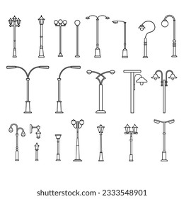 Juego de iconos de vectores de luz de la calle. Colección de signos de ilustraciones de iluminación de calle. Símbolo de la linterna. logotipo de la lámpara.