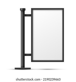 Street lightbox black metallic frame hanging pillar empty screen template realistic vector illustration. Advertising outdoor rectangular billboard commercial display public communication message panel