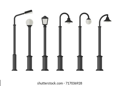Street lighting flat icons. Lampposts and outdoor lighting for urban design.