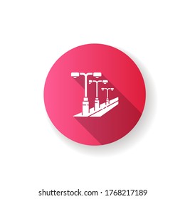 Street lighting pink flat design long shadow glyph icon. Lamp pillar row in public area. Downtown night modern lantern. Electric system. City infrastructure. Silhouette RGB color illustration