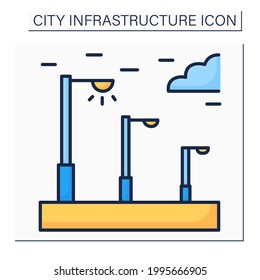 Street lightning color icon. Poles with a source of light on the edge of the road. Raise brightness of urban streets. Outline drawing. Electric system concept. Isolated vector illustration