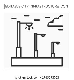 Street Lightning Icon. Poles With A Source Of Light On The Edge Of The Road. Raise Brightness Of Urban Streets. Outline Drawing. Electric System Concept. Isolated Vector Illustrations. Editable Stroke