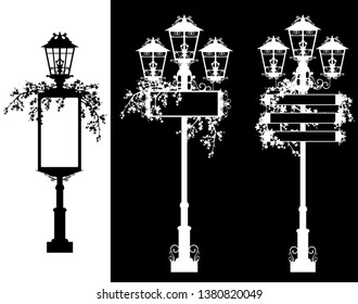 street lights with blank announcement banners and flowers - black and white vector silhouette set