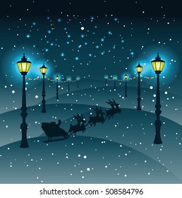 Street lights Christmas decorations in snowfall,vector