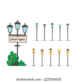 Street lights. City constructor. Vector set. Isolated elements. Cartoon style