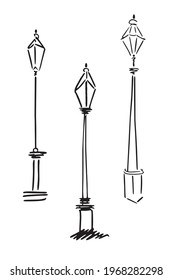 Street lights. Hand-drawn drawing. Sketch. Set of 3 drawings.