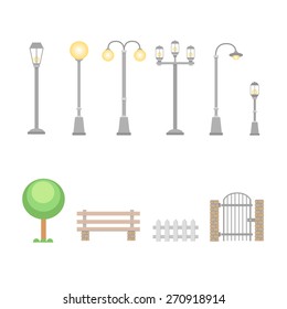 Street lights and lamps set .  Outdoor elements bench, wicket, fence. Set of elements for construction of urban and village landscapes. Vector 