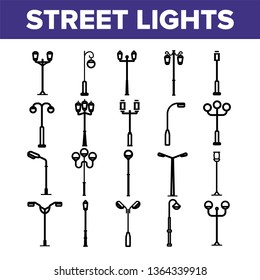 Street Lights Linear Vector Icons Set. Streetlights Thin Line Contour Symbols Pack. City Illumination Pictograms Collection. Old Fashioned Lantern, Lamp. Electricity Equipment Outline Illustrations