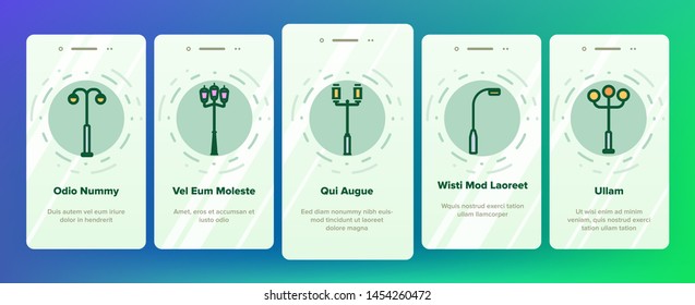 Street Lights Linear Vector Onboarding Mobile App Page Screen. Streetlights Thin Line Contour Symbols Pack. City Illumination. Old Fashioned Lantern, Lamp. Electricity Equipment Illustrations