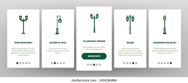 Street Lights Linear Vector Onboarding Mobile App Page Screen. Streetlights Thin Line Contour Symbols Pack. City Illumination. Old Fashioned Lantern, Lamp. Electricity Equipment Illustrations