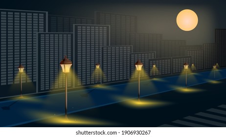 street lights on night alley in big city. Night romance of metropolis. Bright full moon in sky. Cartoon vector illustration