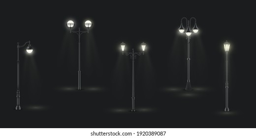 Street Lights With One, Two, Three Lamps Glowing In Night Dark. Lanterns On Poles Outdoor Urban Various Design Realistic Collection. Illumination Equipment. Vector Set Street Lights On Black.