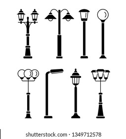 Street lights. Outdoor park & garden lighting.  Vector flat icon set. Isolated on white background 