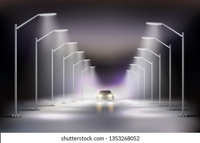 Street lights realistic in fog composition with car in the light of night street lamps vector illustration