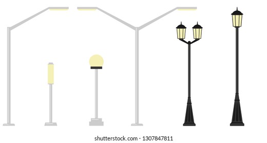 Street lights realistic icon set on white background in different styles. Decorative stylized streetlights silhouettes. 