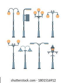 Street lights set. Traditionally and retro city lighting lamps antique vintage designs high metal structures of curved openwork shape elegant forging elements. Pillar vector.