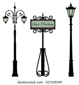 Street lights and a sign of the city of Saint-Petersburg. Vector illustration