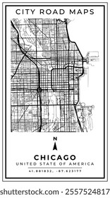 Street Line Art Map of Chicago City Illinois, United State of America, Illustration and home decoration