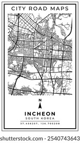 Street Line Art Map of Incheon City South Korea, Illustration and home decoration