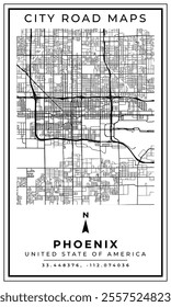 Street Line Art Map of Phoenix City Arizona, United State of America, Illustration and home decoration