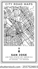 Street Line Art Map of San Jose City California Texas, United State of America, Illustration and home decoration