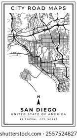 Street Line Art Map of San Diego City California, United State of America, Illustration and home decoration