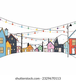 A street lined with homes all aglow with colorful Christmas lights. Vector Illustration.