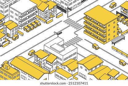 Straße mit Mietwohnungen und Häusern gesäumt, isometrische Illustration, Vektorgrafik