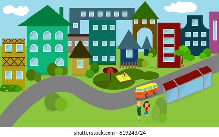 street in little town, Bus stop in town, sandbox, main street in the village