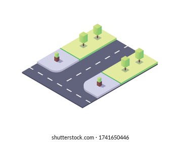 Street location with an intersection. Crossing roads with markings. There are bushes on the sidewalk, and trees on the lawn. Gradient and cubic plants. Vector isometric illustration.