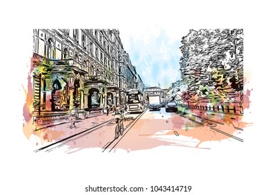 Street of London, the capital of England and the United Kingdom, is a 21st-century city with history stretching back to Roman times. Watercolor splash with Hand drawn sketch illustration in vector.