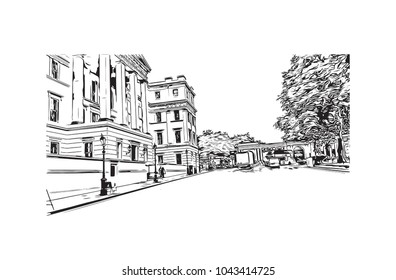 Street of London, the capital of England and the United Kingdom, is a 21st-century city with history stretching back to Roman times. Hand drawn sketch illustration in vector.