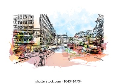 Street of London, the capital of England and the United Kingdom, is a 21st-century city with history stretching back to Roman times. Watercolor splash with Hand drawn sketch illustration in vector.