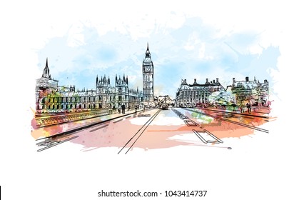 Street of London, the capital of England and the United Kingdom, is a 21st-century city with history stretching back to Roman times. Watercolor splash with Hand drawn sketch illustration in vector.