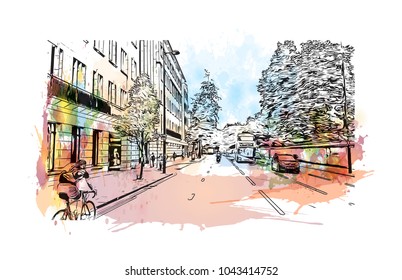 Street of London, the capital of England and the United Kingdom, is a 21st-century city with history stretching back to Roman times. Watercolor splash with Hand drawn sketch illustration in vector.