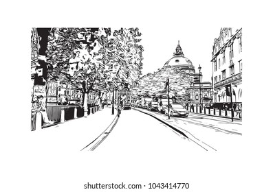 Street of London, the capital of England and the United Kingdom, is a 21st-century city with history stretching back to Roman times. Hand drawn sketch illustration in vector.