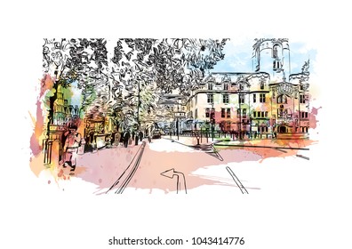 Street of London, the capital of England and the United Kingdom, is a 21st-century city with history stretching back to Roman times. Watercolor splash with Hand drawn sketch illustration in vector.