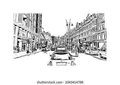 Street of London, the capital of England and the United Kingdom, is a 21st-century city with history stretching back to Roman times. Hand drawn sketch illustration in vector.