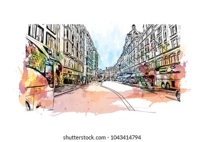 Street of London, the capital of England and the United Kingdom, is a 21st-century city with history stretching back to Roman times. Watercolor splash with Hand drawn sketch illustration in vector.