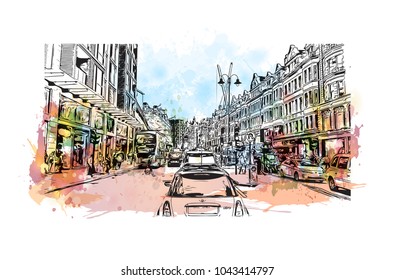 Street of London, the capital of England and the United Kingdom, is a 21st-century city with history stretching back to Roman times. Watercolor splash with Hand drawn sketch illustration in vector.