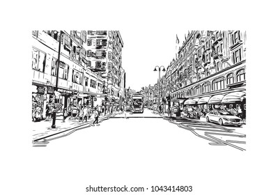 Street of London, the capital of England and the United Kingdom, is a 21st-century city with history stretching back to Roman times. Hand drawn sketch illustration in vector.