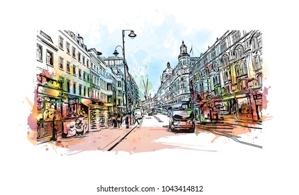 Street of London, the capital of England and the United Kingdom, is a 21st-century city with history stretching back to Roman times. Watercolor splash with Hand drawn sketch illustration in vector.