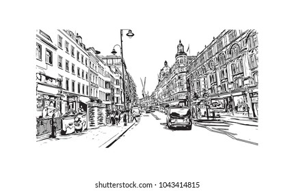 Street of London, the capital of England and the United Kingdom, is a 21st-century city with history stretching back to Roman times. Hand drawn sketch illustration in vector.